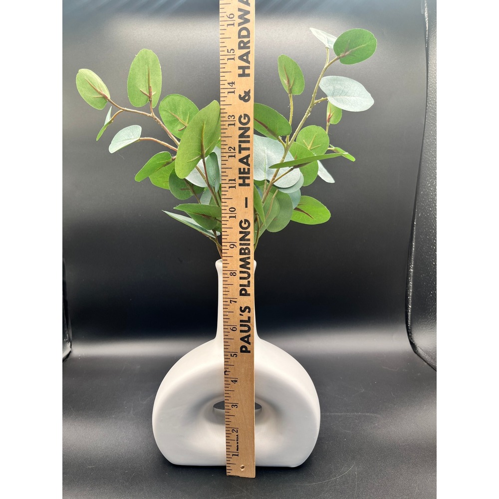 Abstract Modern Matte White Ceramic Donut Vase Faux Eucalyptus Greenery 8 x 6.5" - Picture 3 of 11
